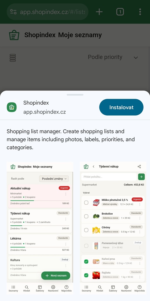 Shopindex – inštalácia aplikácie alebo pridanie na plochu zariadenia