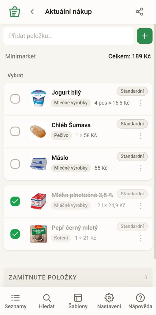 Shopindex – súčet cien položiek v zozname