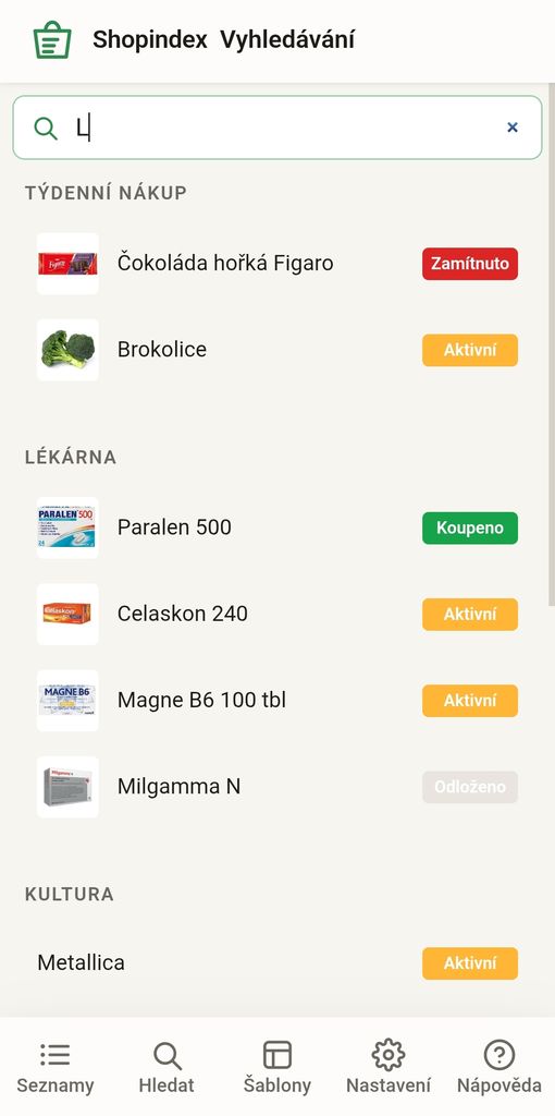 Shopindex – vyhľadávanie a história položiek