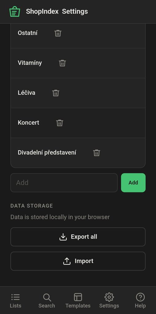 Shopindex – export a import dát